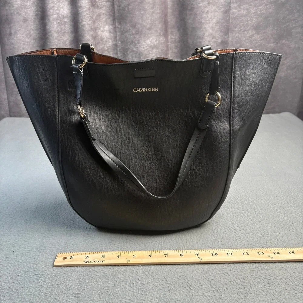 Calvin Klein Black Faux Leather Winged Tote Bag Gold Hardware Handbag